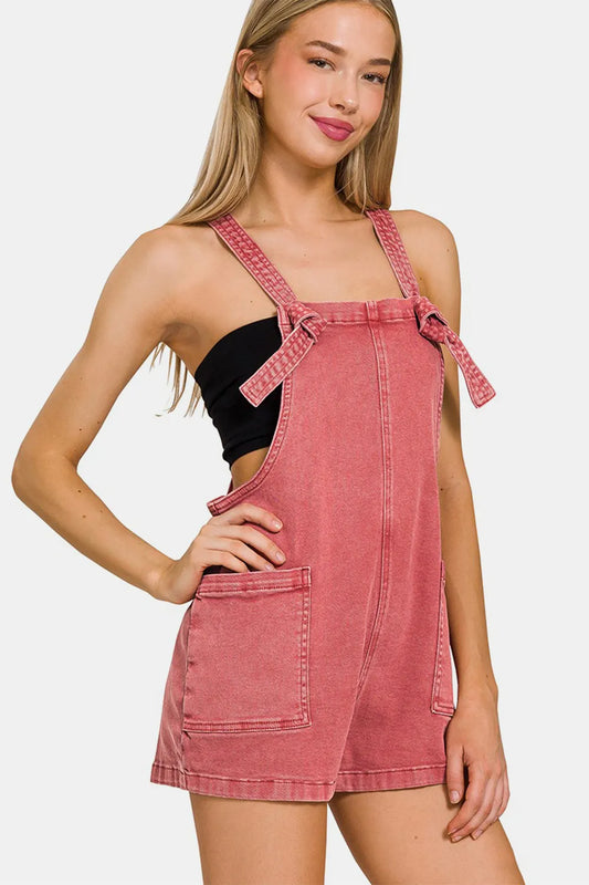 Image of Zenana Washed Knot Strap Rompers | Queeble.shop
