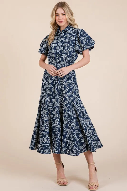 Image of GeeGee Natural Leaf Pattern Eyelet Lace Puff Sleeve Dress | Queeble.shop