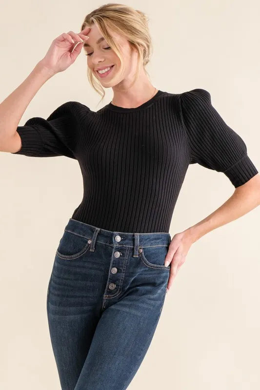 Image of And The Why Puffed Half Sleeve Rib Basic Bodysuit | Queeble.shop