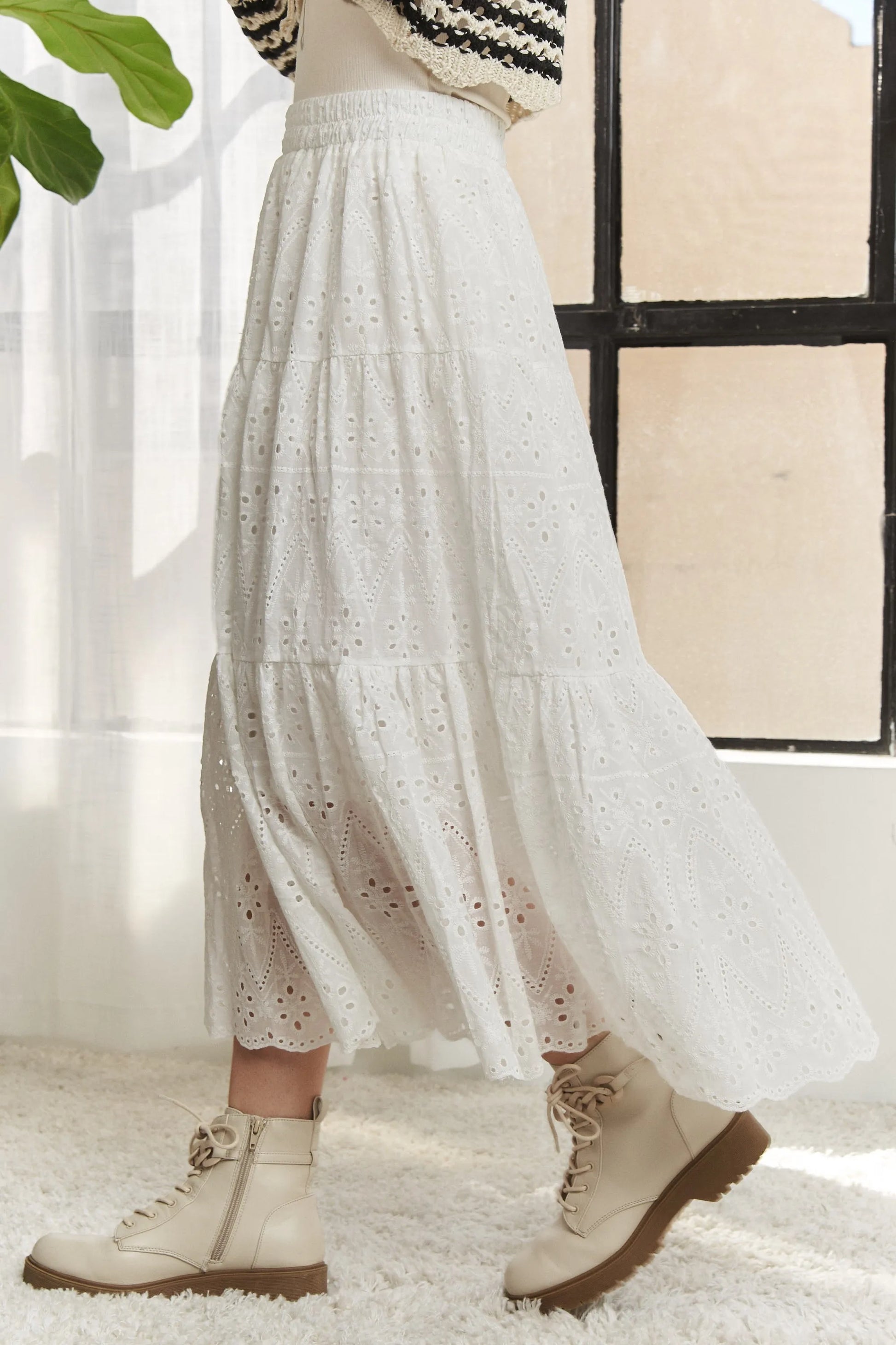Image of ADORA Elastic Waistband Tiered Midi Skirt | Queeble.shop
