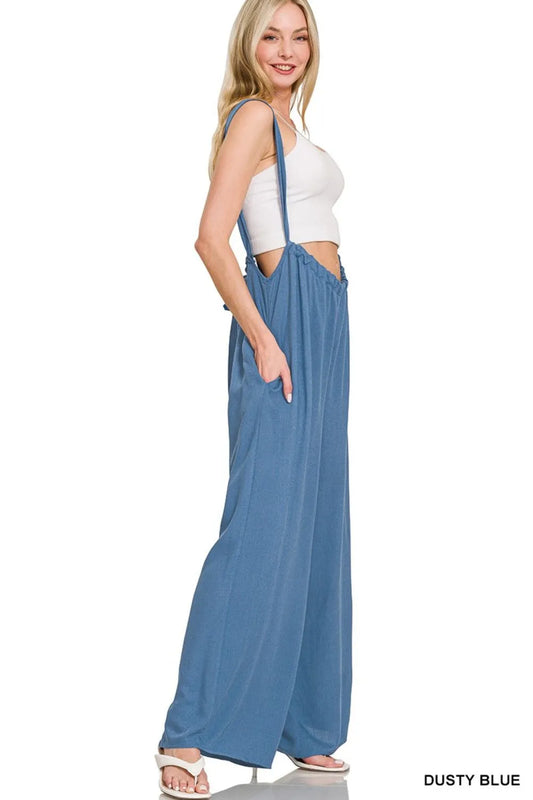 Image of Zenana Woven Tie Back Suspender Jumpsuit | Queeble.shop