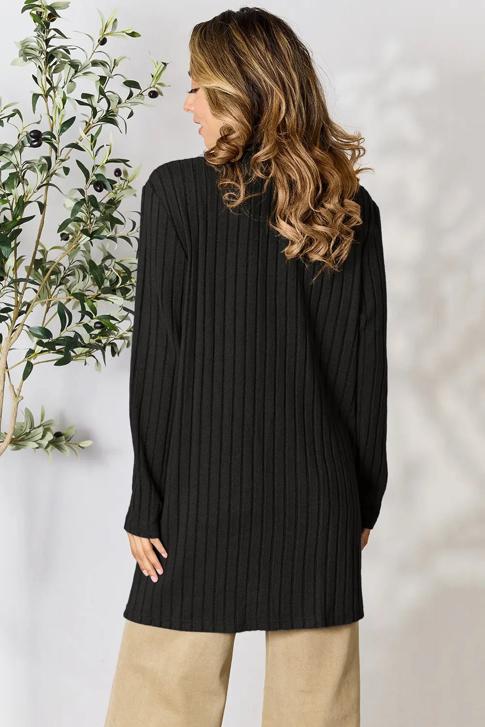 Image of Basic Bae Full Size Ribbed Open Front Cardigan with Pockets | Queeble.shop