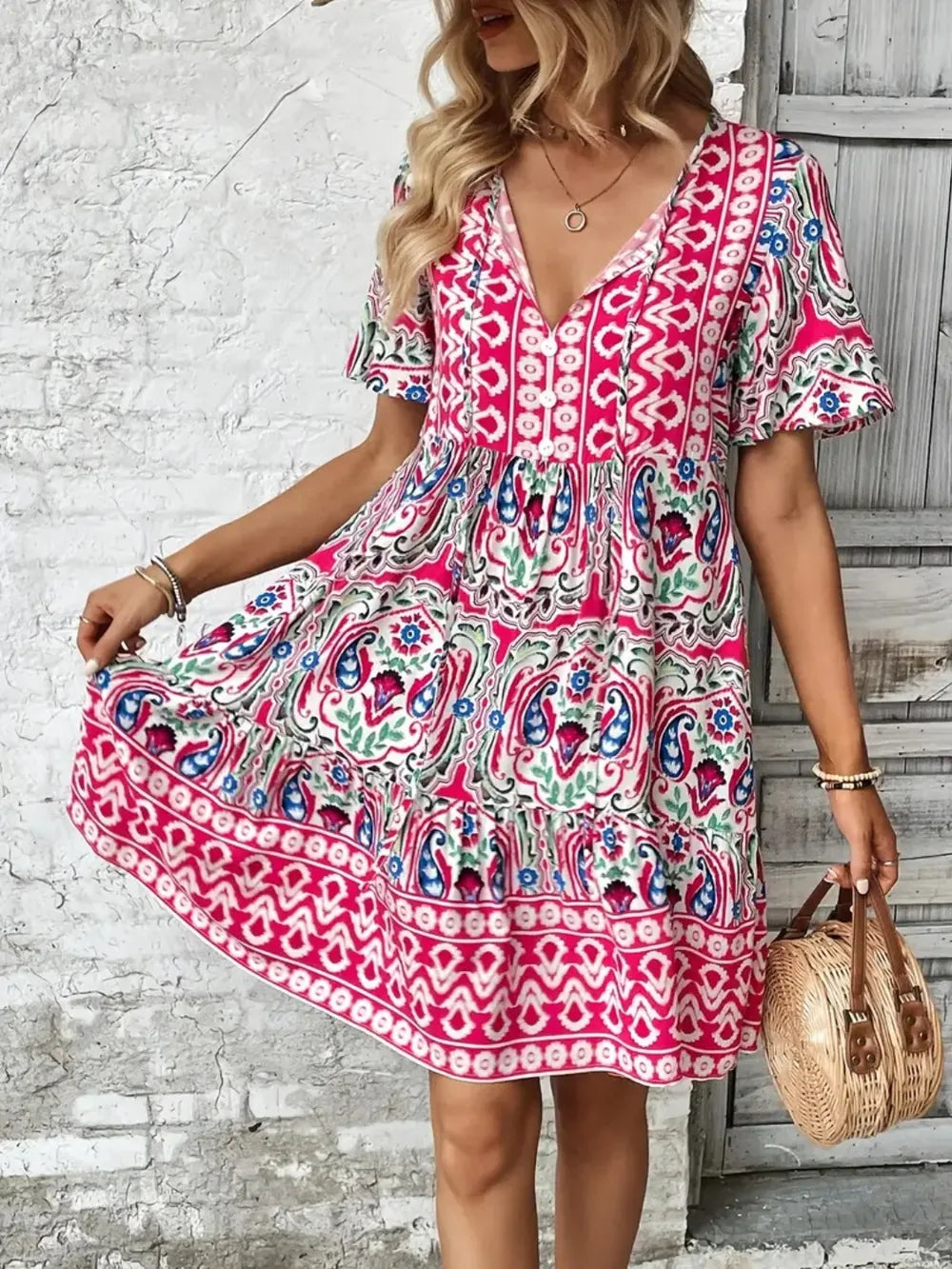 Image of Printed Tie Neck Short Sleeve Dress | Queeble.shop
