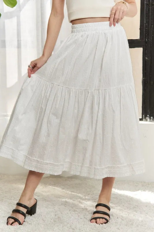 Image of ADORA Elastic Waistband Tiered Midi Skirt | Queeble.shop