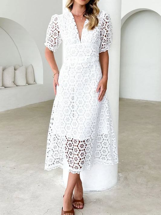 Image of Eyelet Lace V-Neck Midi Dress with Puff Sleeves | Queeble.shop