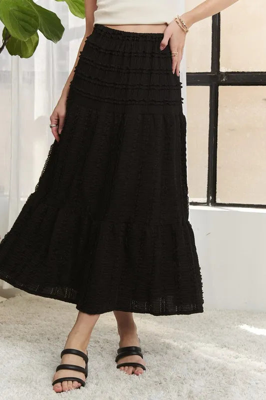 Image of ADORA Elastic Waistband Tiered Midi Skirt | Queeble.shop