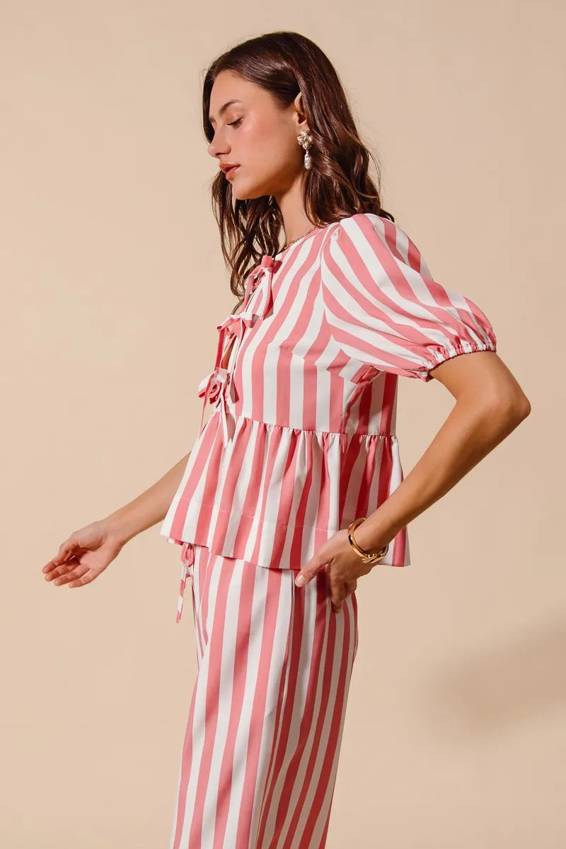 Image of SO ME Front Tie Stripe Top With Puff Sleeves and Wide Leg Pants Set | Queeble.shop