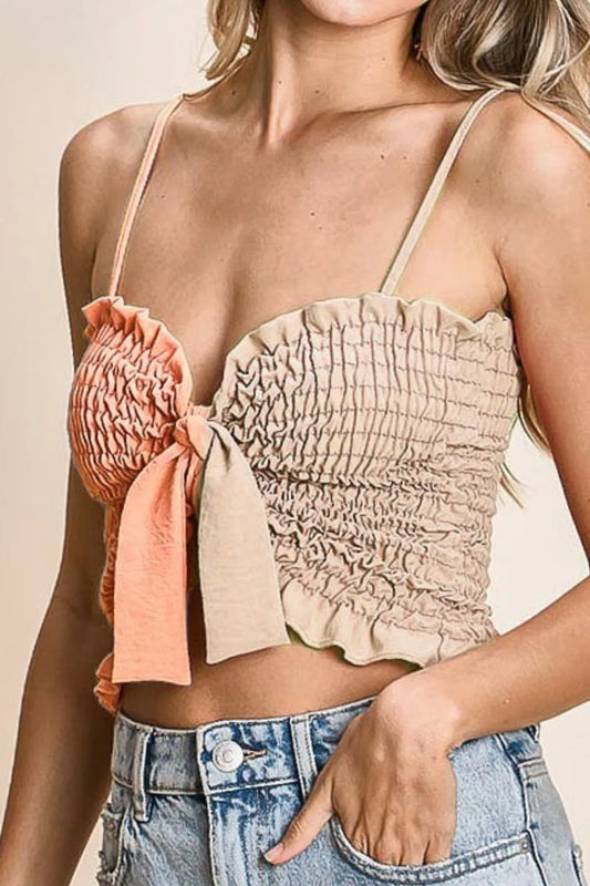 Image of BiBi Woven Color Block Smocked with Ribbon Bra Top | Queeble.shop