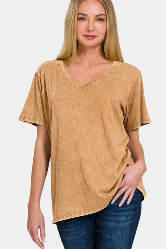 Image of Zenana Full Size Washed Short Sleeve V-Neck T-Shirt | Queeble.shop
