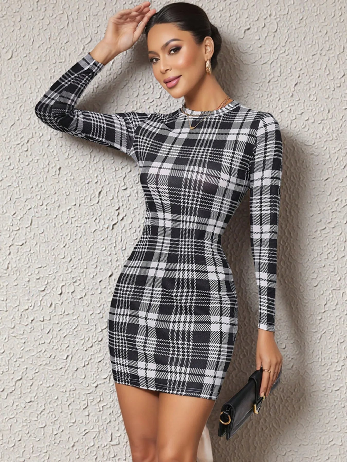 Image of Long Sleeve Plaid Bodycon Mini Dress | Queeble.shop