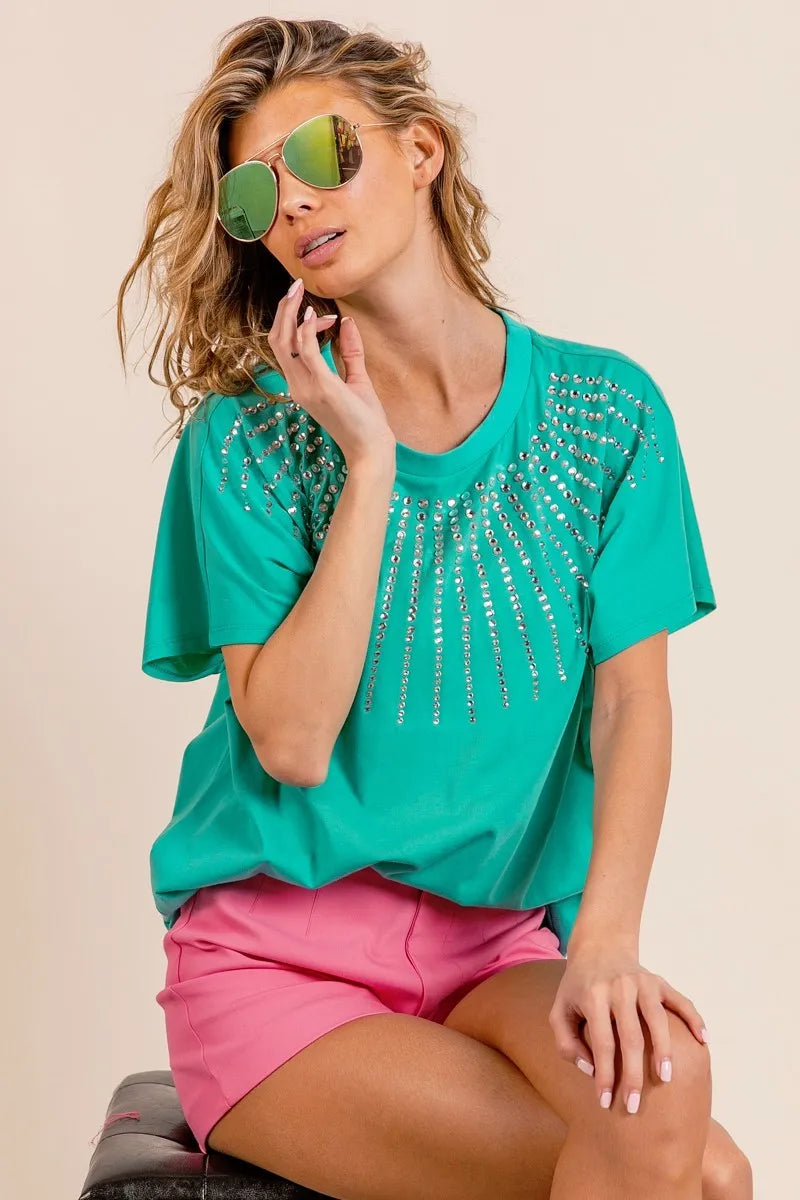 Image of BiBi Rhinestone Beaded Short Sleeve Top | Queeble.shop