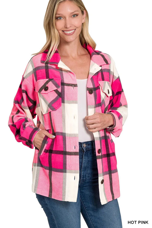Image of Zenana Oversized Plaid Fleece Shacket | Queeble.shop