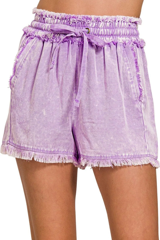Image of Zenana Mineral Frayed Hem Washed Shorts | Queeble.shop