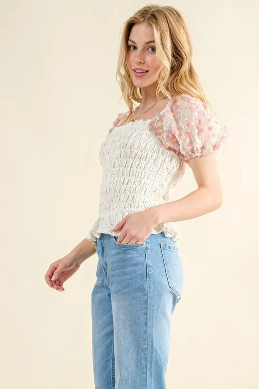 Image of And The Why Embellishment Sleeve Smocked Top | Queeble.shop