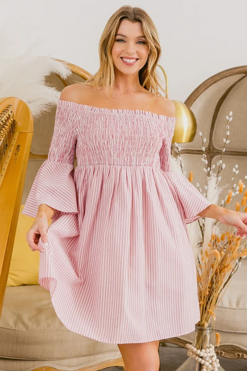 Image of BiBi Smocked Off Shoulder Striped Dress | Queeble.shop