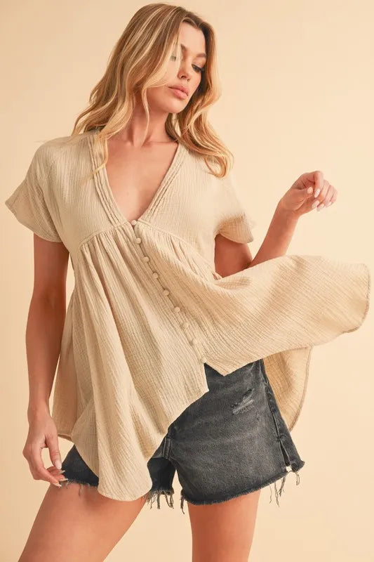 Image of Aemi + Co Tuck Detail V-Neck Short Sleeve Blouse | Queeble.shop