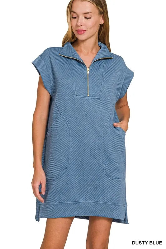 Image of Zenana Textured Knit Jacquard Quarter Zipper Mini Dress | Queeble.shop