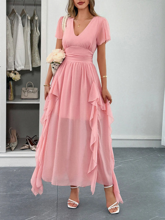 Image of V-Neck Flutter Sleeve Dress | Queeble.shop