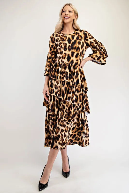 Image of Celeste Full Size Leopard Asymmetrical Ruffle Midi Dress Plus Size | Queeble.shop
