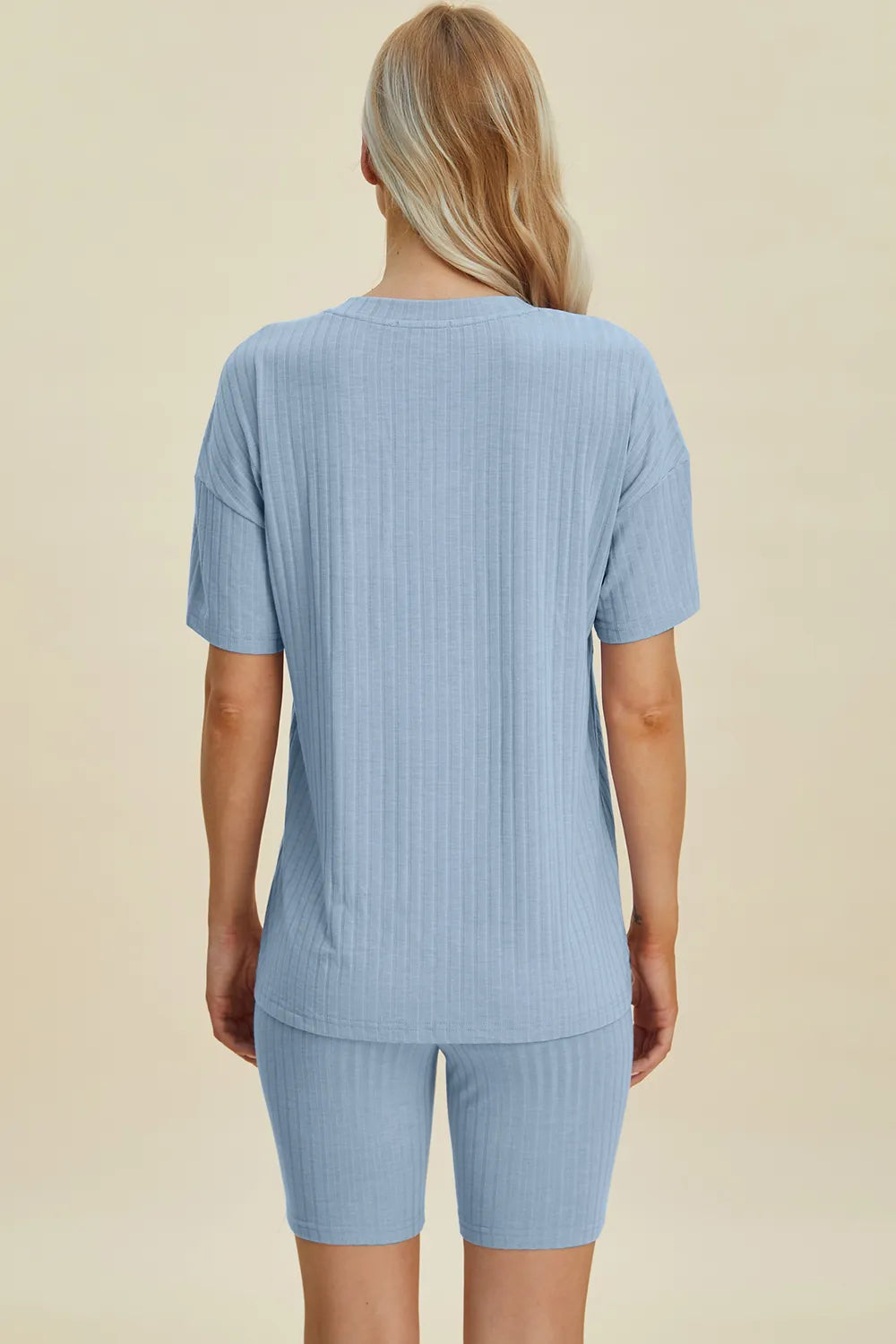 Image of Basic Bae Full Size Ribbed V-Neck Short Sleeve Top and Shorts Set | Queeble.shop