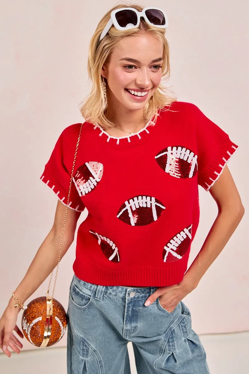 Image of BiBi Gameday Sequin Football Embroidered Stitch Sweater | Queeble.shop