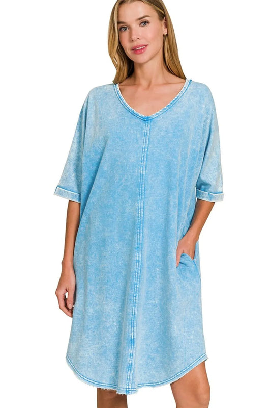Image of Zenana Acid-washed French Terry Tee Shirts Dress | Queeble.shop