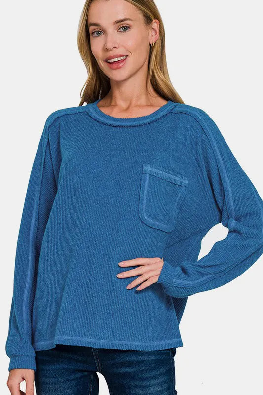 Image of Zenana Full Size Contrast Stitching Brushed Ribbed Hacci Knit Top Plus Size | Queeble.shop