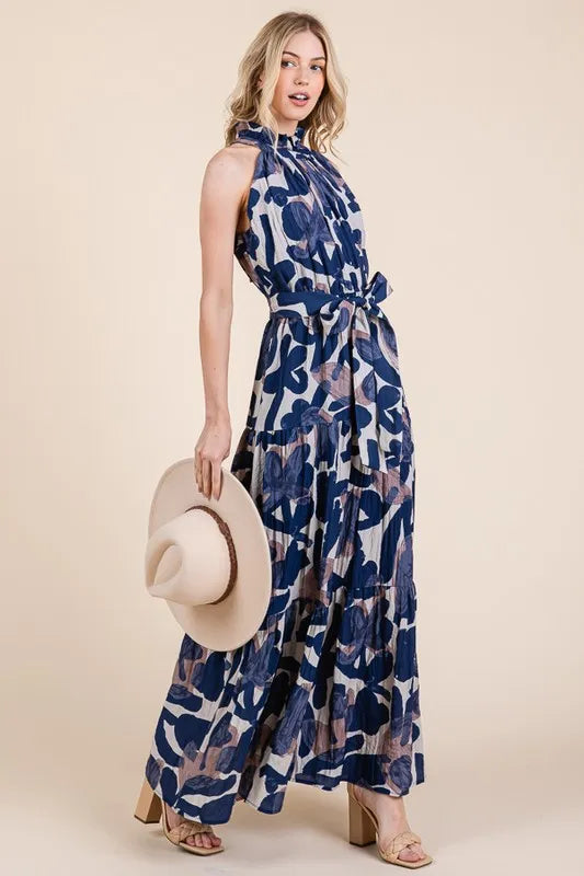 Image of Lime 'N' Chili Abstract Halter Neck Tie-Waist Tiered Maxi Dress | Queeble.shop