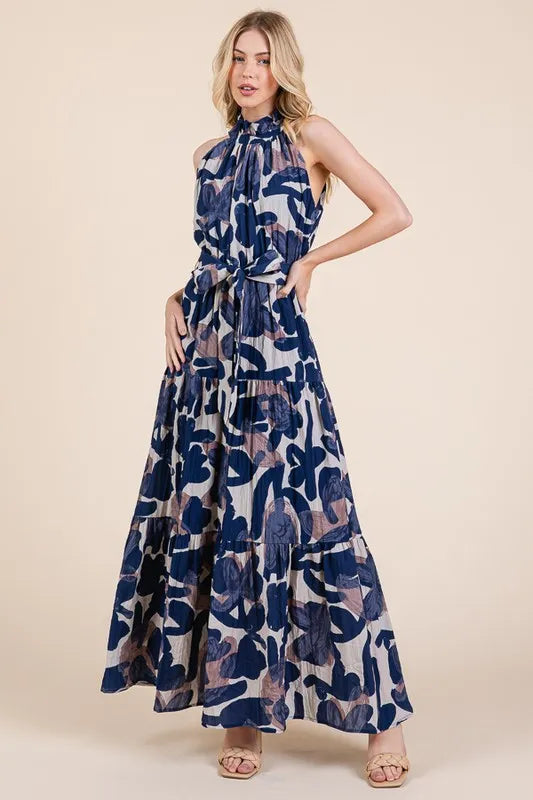 Image of Lime 'N' Chili Abstract Halter Neck Tie-Waist Tiered Maxi Dress | Queeble.shop