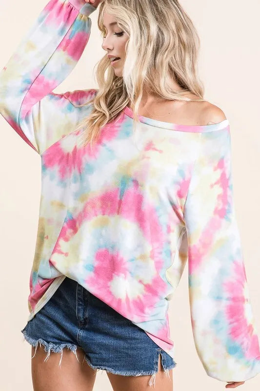 Image of BiBi Tie Dye Print Terry Top With Puff Sleeves | Queeble.shop