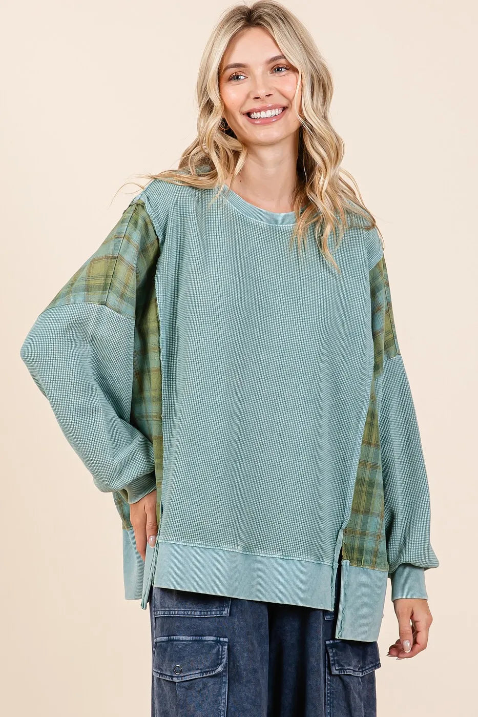 Image of Mittoshop Plaid Panel Mineral Wash French Terry Sweatshirt | Queeble.shop