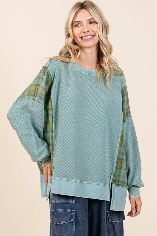 Image of Mittoshop Plaid Panel Mineral Wash French Terry Sweatshirt | Queeble.shop