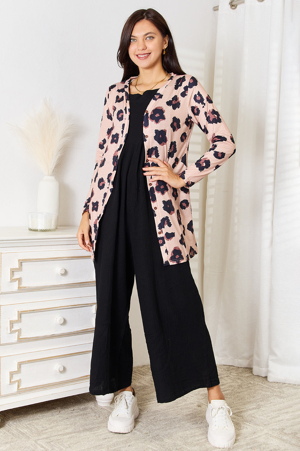 Image of Double Take Printed Button Front Longline Cardigan | Queeble.shop