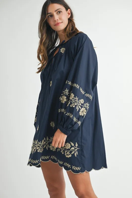 Image of MABLE Embroidered Long Sleeve Peasant Mini Dress | Queeble.shop