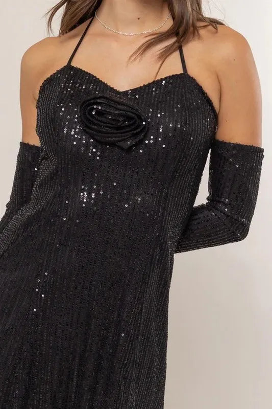 Image of HYFVE Sequin Rosette Halter Mini Dress | Queeble.shop
