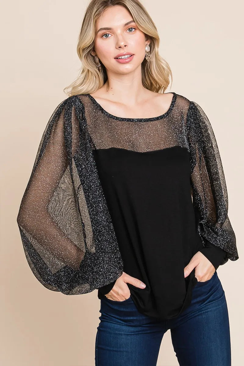 Image of Super Lady Full Size Metallic Mesh Lantern Sleeve Blouse | Queeble.shop