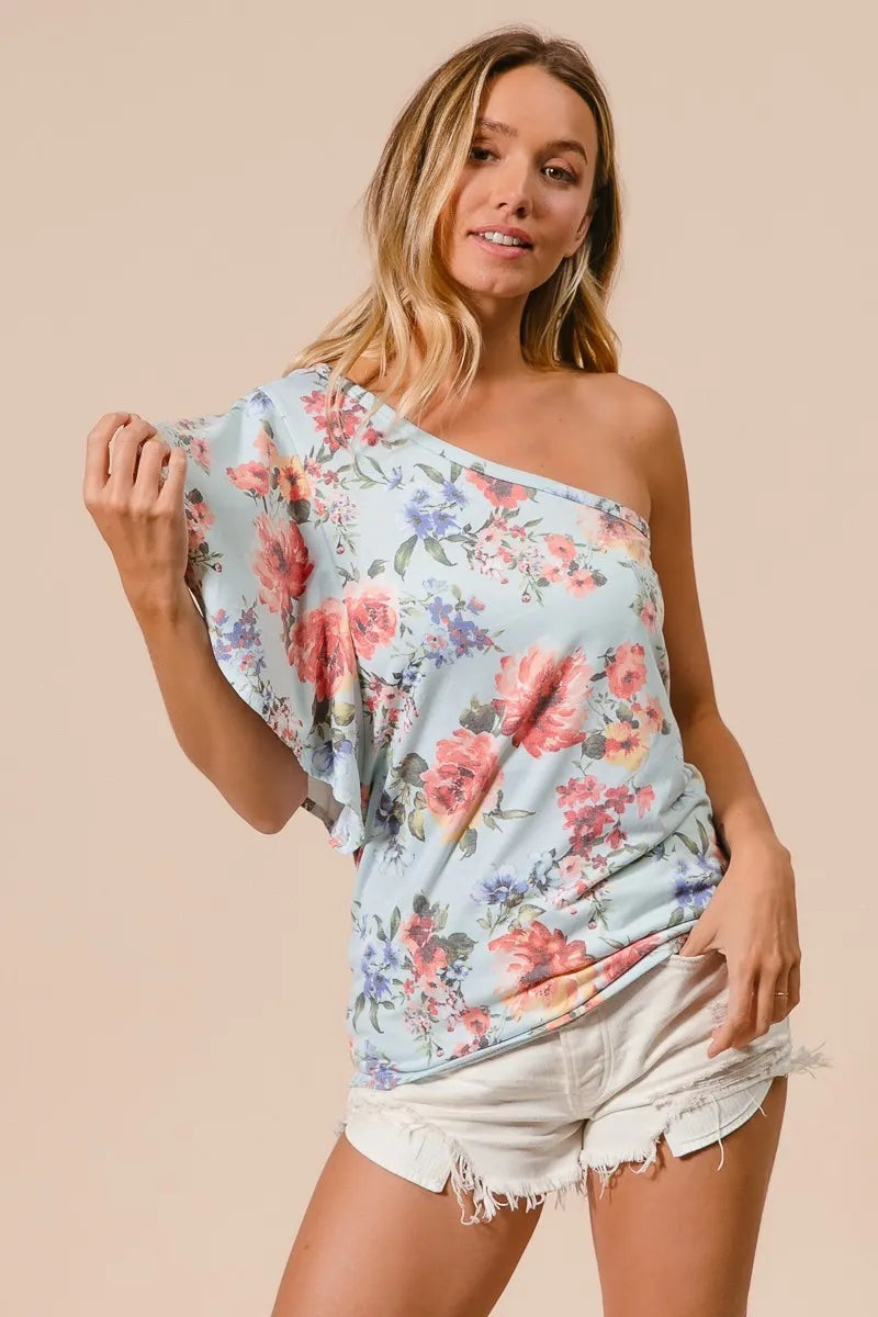 Image of BiBi Floral Printed Jersey Knit Ruffle Sleeve Top | Queeble.shop