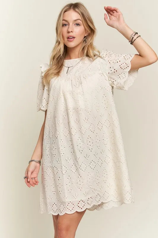 Image of ADORA Ruffled Eyelet Round Neck Dress | Queeble.shop
