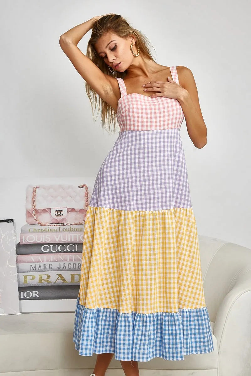 Image of BiBi Color Block Tiered Gingham Dress | Queeble.shop