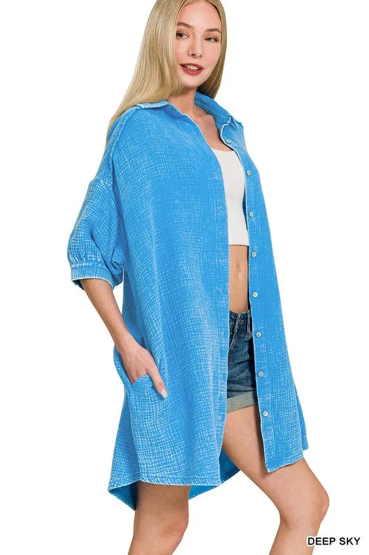 Image of Zenana Washed Double Gauze Button Down Shirt Dress | Queeble.shop