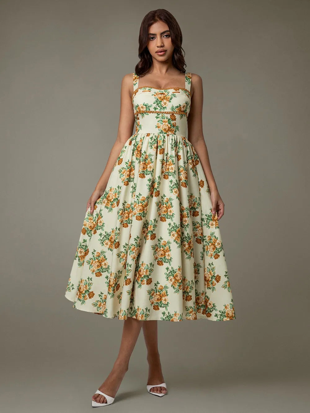 Image of Lace Trim Floral Sleeveless Midi Dress | Queeble.shop