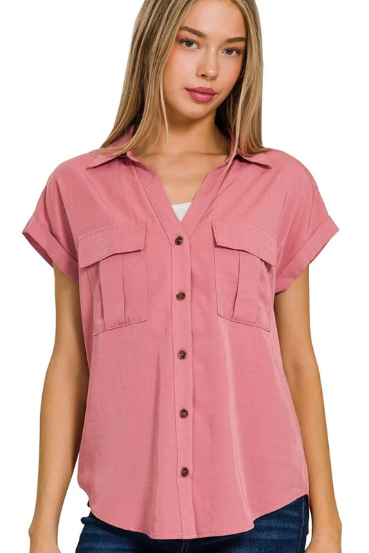 Image of Zenana Tencel V-neck Collared Top W Front Flap Pockets | Queeble.shop