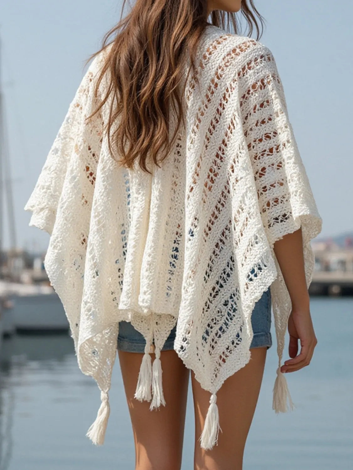 Image of Openwork Tassel Open Front Knit Cover Up | Queeble.shop