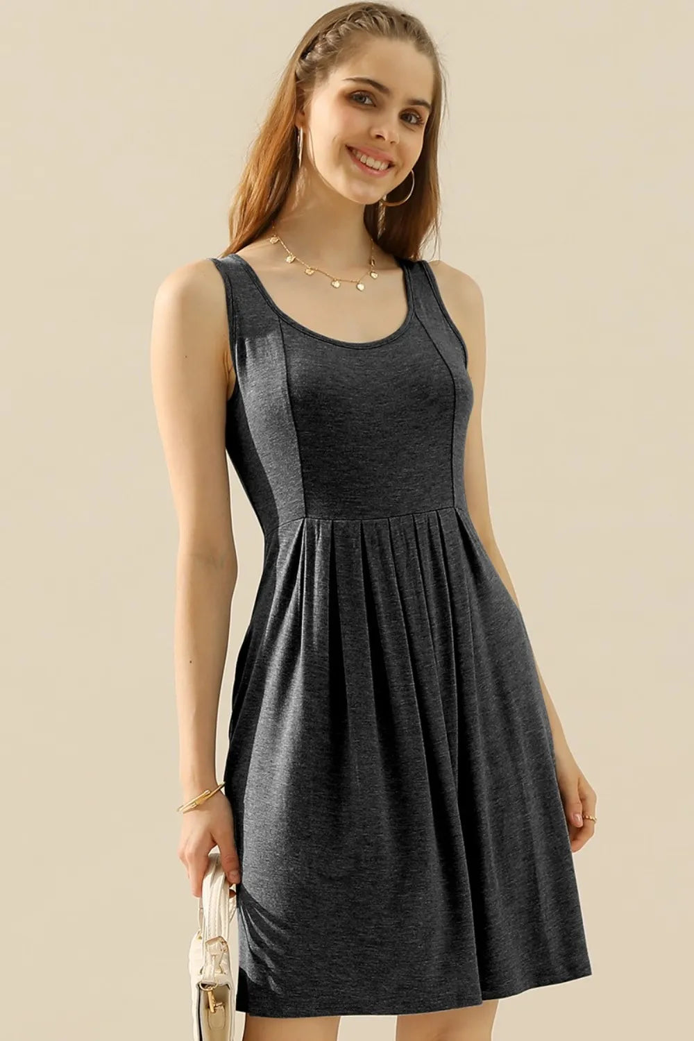 Image of Doublju Full Size Round Neck Ruched Sleeveless Dress with Pockets | Queeble.shop