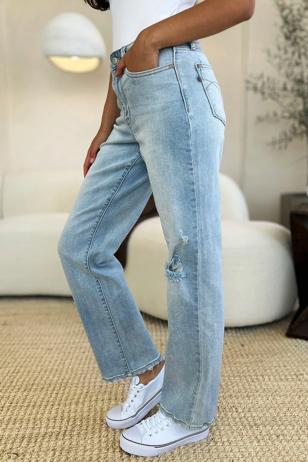 Image of Judy Blue Full Size High Waist Distressed Straight Jeans | Queeble.shop