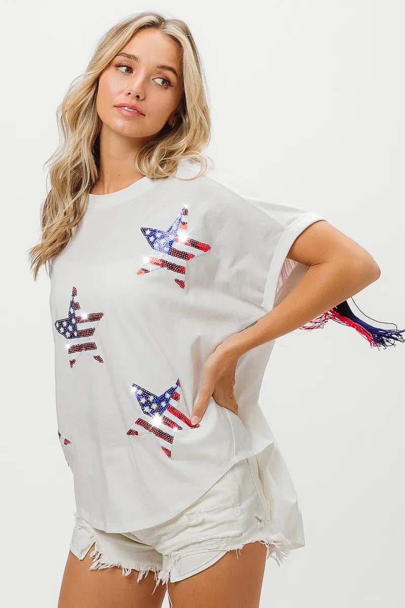 Image of BiBi American Flag Sequin Star Fringe Top | Queeble.shop