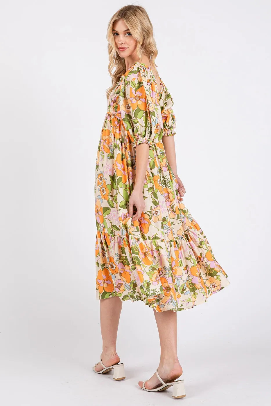 Image of Mittoshop Flower Print Puff Sleeve Ruffle Smocked Midi Dress | Queeble.shop