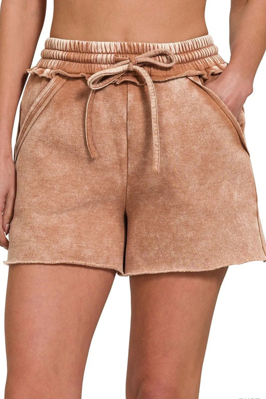 Image of Zenana Acid Wash Fleece Drawstring Shorts With Pockets | Queeble.shop