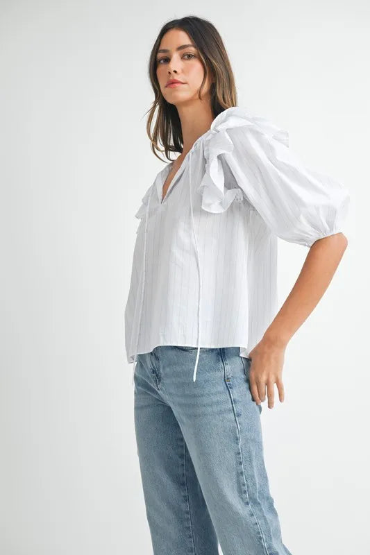 Image of MABLE Stripe Ruffle Shoulder Puff Sleeve Blouse | Queeble.shop