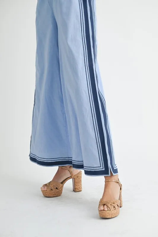 Image of MABLE Linen Mix Chevron Sail Shoulder Strap Jumpsuit | Queeble.shop